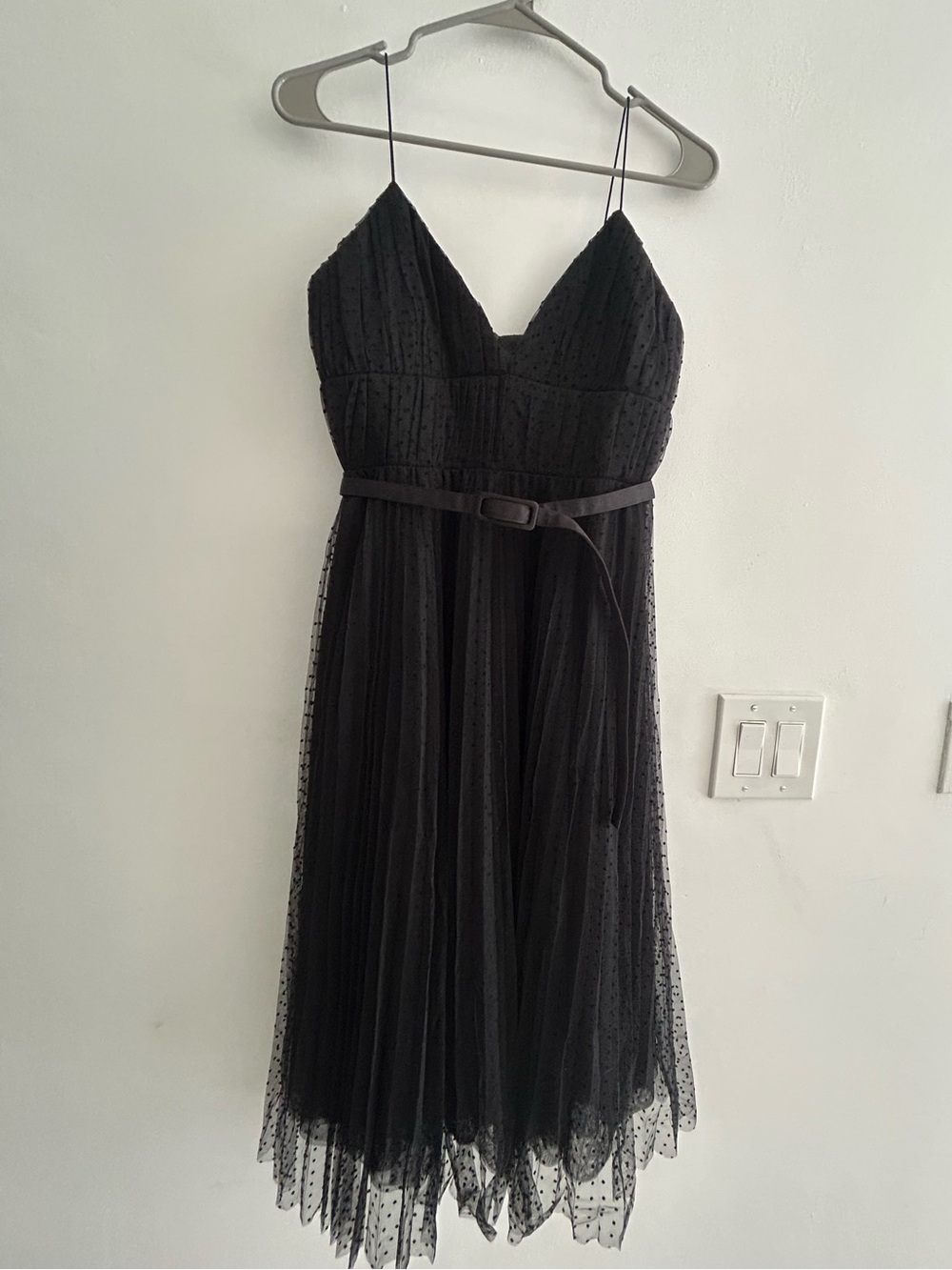 Black Midi Tulle Spaghetti-Strap Dress with Belt